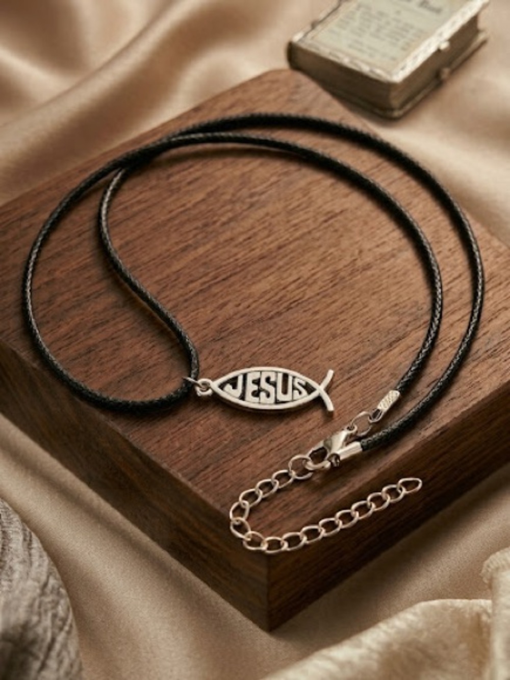 Jesus Fish Pendant Necklace on Black Cord Silver-Tone